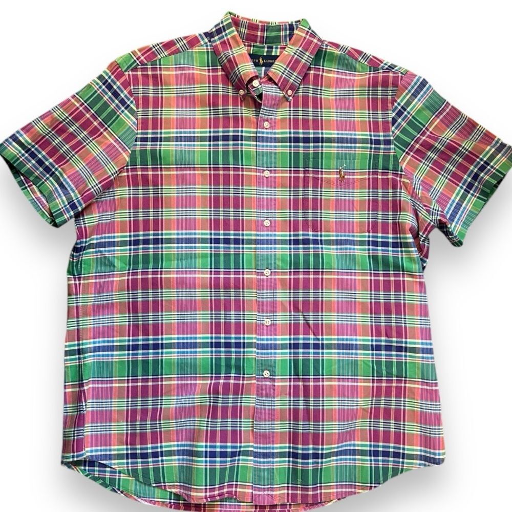 Ralph Lauren Plaid Short Sleeve Button-Down Shirt Cotton Casual Classic Size XL